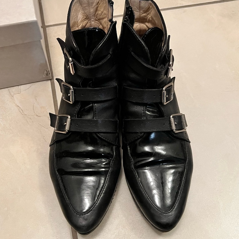 Jimmy Choo Black Patent Leather Ankle Boots with Buckles